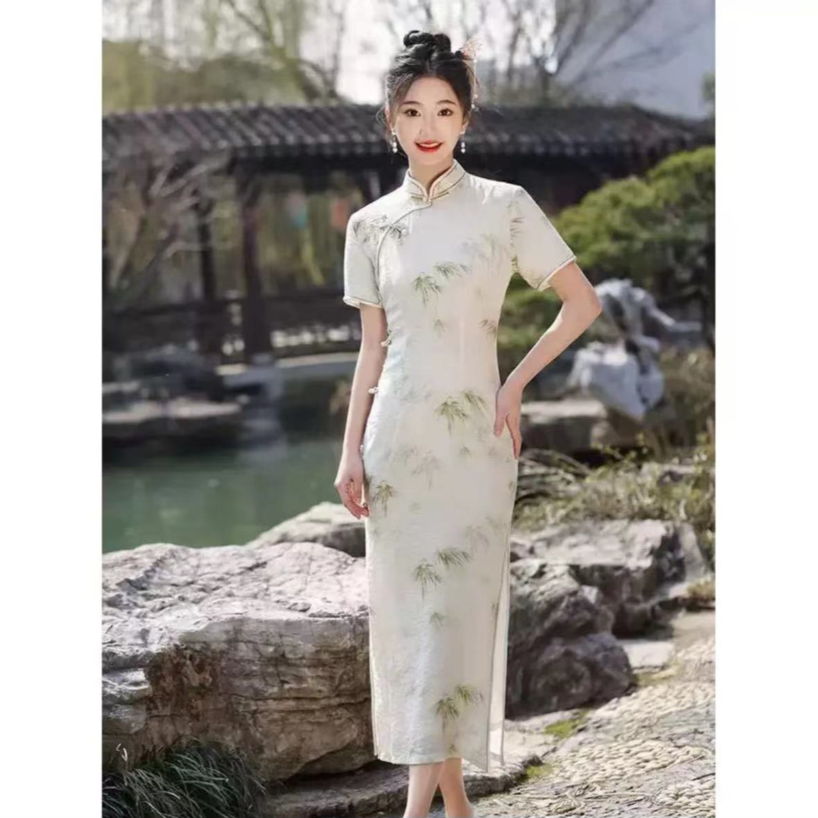 313-节节高升 竹叶 花扣 改良 旗袍