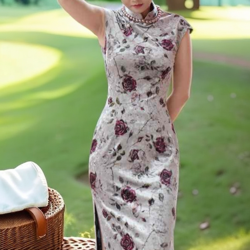 优雅极简风中长裙单旗袍提花旗袍日常花色港风山系显瘦网红125CM