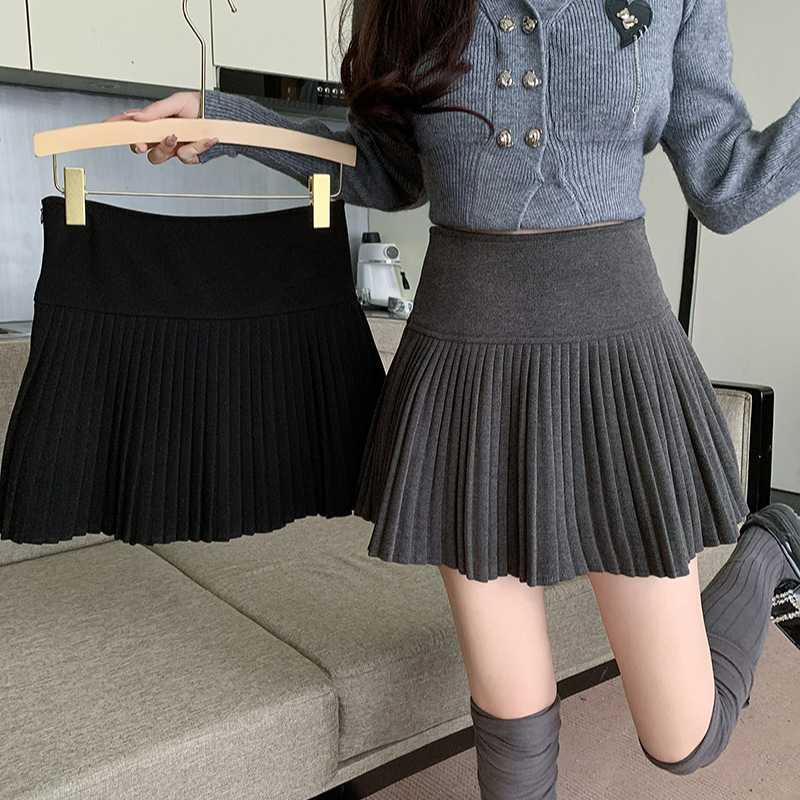 韩系学院风高腰毛呢百褶裙高腰半身裙时尚2025秋冬新款胖mm大码女