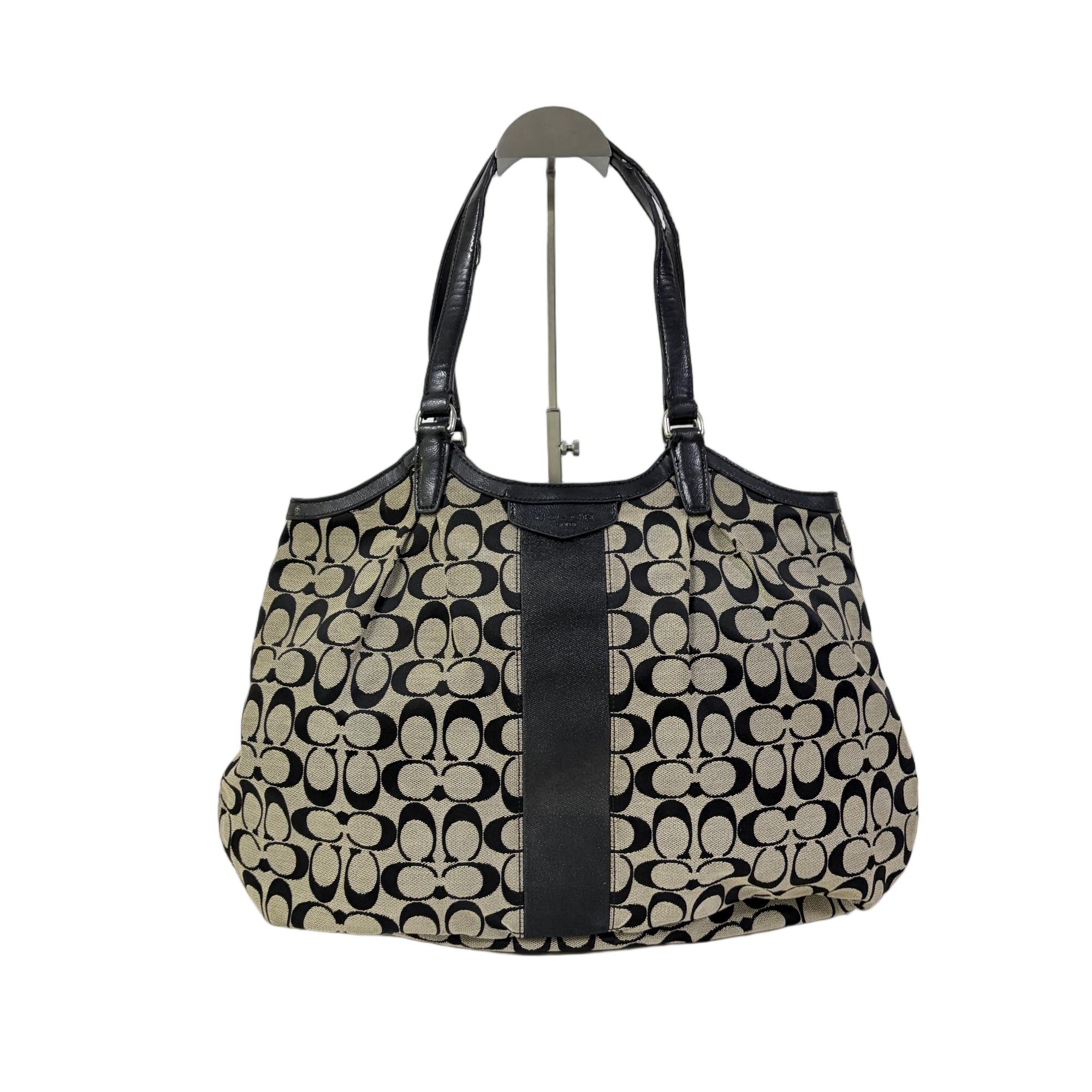 95新 COACH/蔻驰 黑白老花帆布单肩手提包中古黑色SH-31011-A