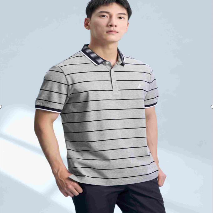 诺帝卡 休闲舒适条纹短袖翻领T恤-232KC320303A