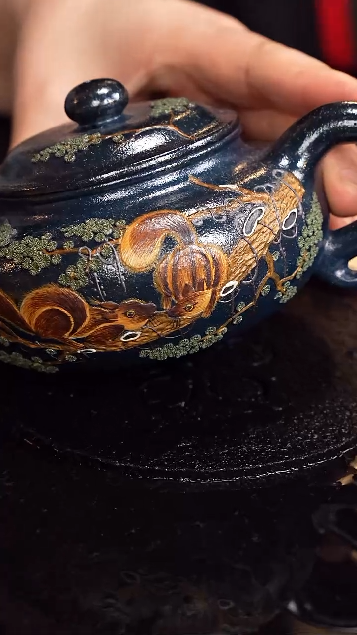 茶壶紫砂沈建康  仿古122  墨绿泥柴烧 320毫升 单国强 仿古墨宝