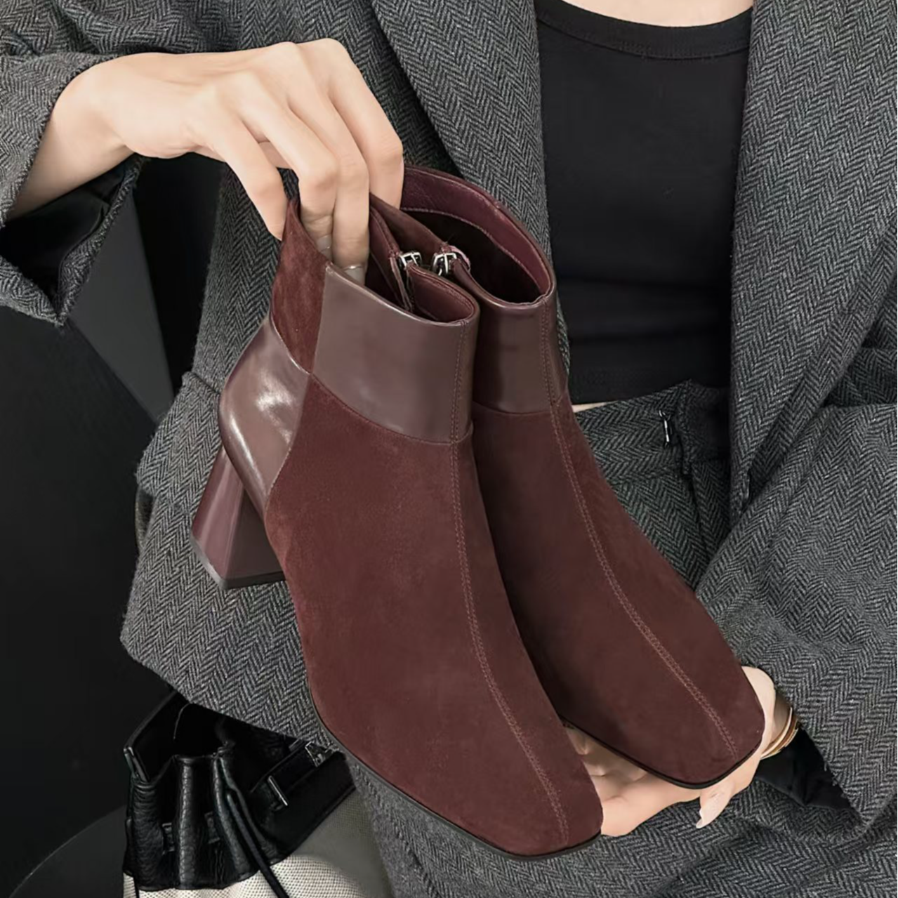 0123-46 时装靴方头时尚瘦瘦靴 中跟英伦女靴 LBR C 45162