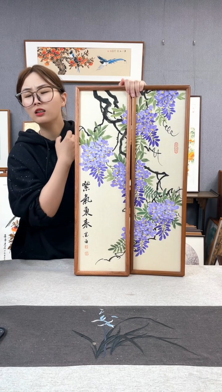 【闪购商品】国画手写手绘带框作品-20*70-紫藤