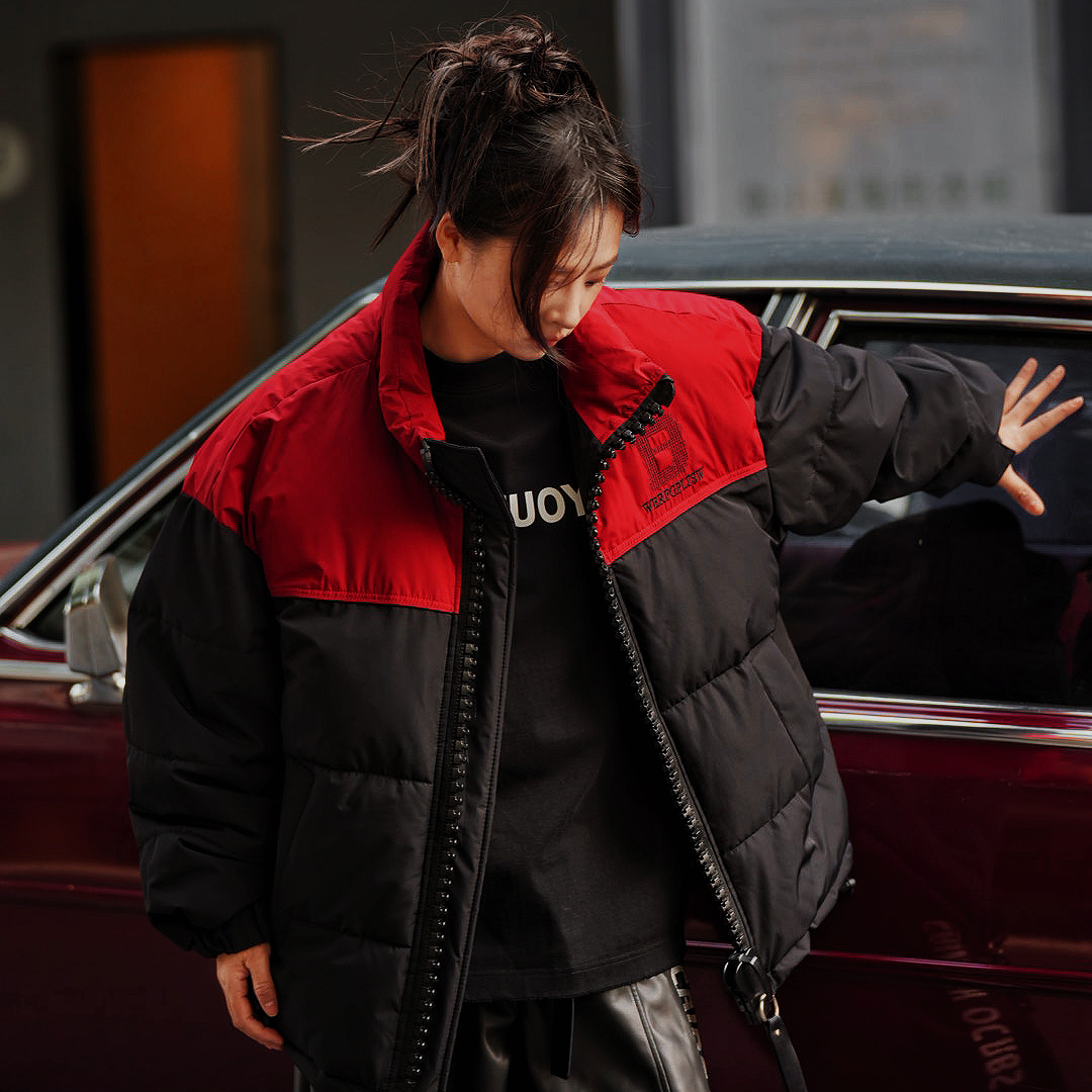 冬季立领撞色大拉链设计感棉衣宽松外套拼接潮牌痞帅连帽夹克棉服