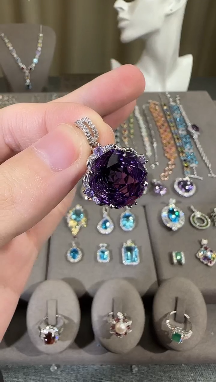 颈饰银S925镶嵌紫晶14mm吊坠玫瑰款