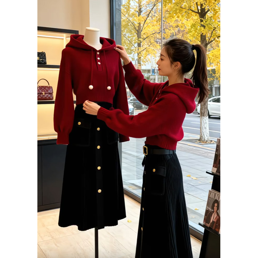 秋冬装搭配一整套高级感显瘦红色连帽针织上衣搭黑色半身裙两件套