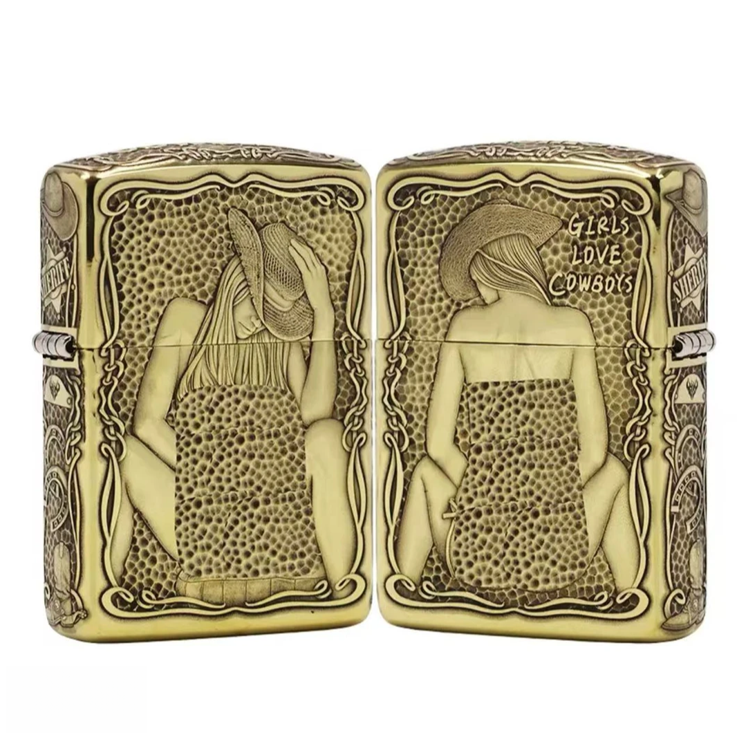 蚊版五面牛仔女郎黄铜盔甲打火机