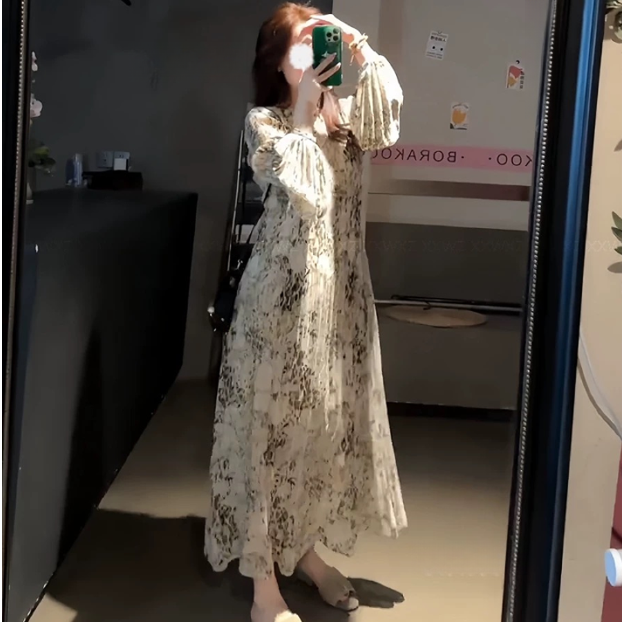 【威尼斯】慵懒气质通勤宽松法式连衣裙赫本风水墨印花高级感长裙