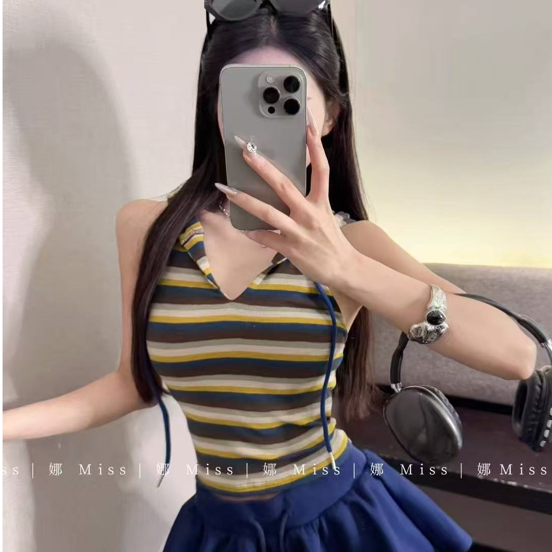 夏季新款纯欲辣妹风吊带上衣撞色彩虹条设计连帽自带胸垫抹胸背心