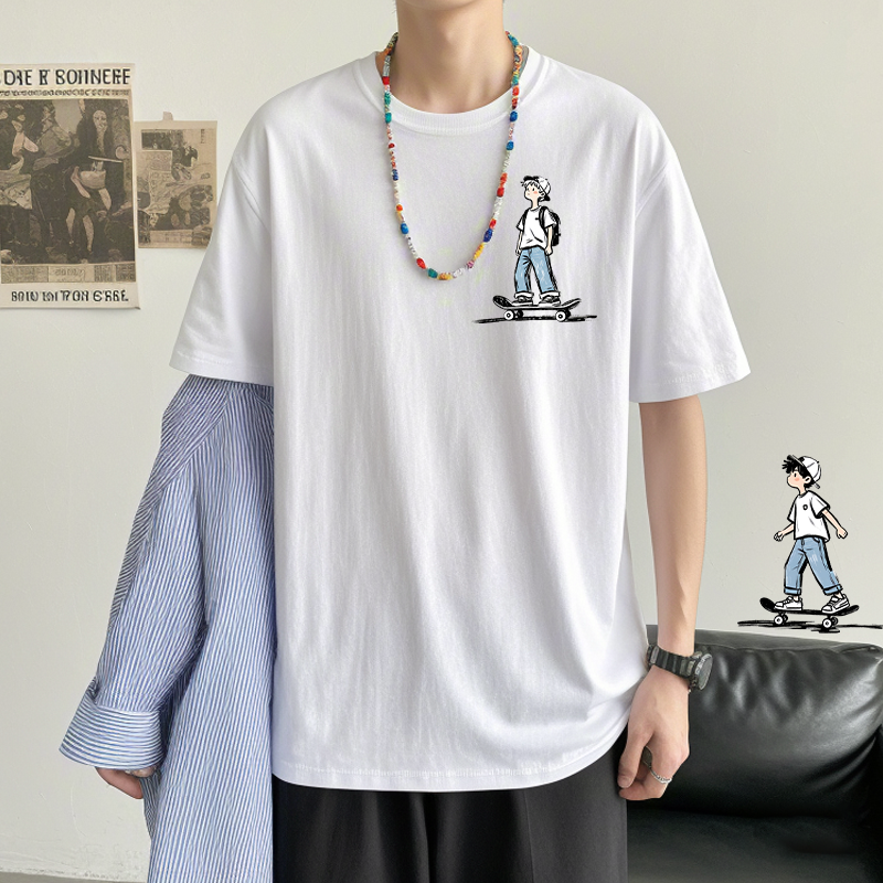 男女漫画短袖纯白定制手绘卡通休闲夏季潮流运动时尚设计感街头运
