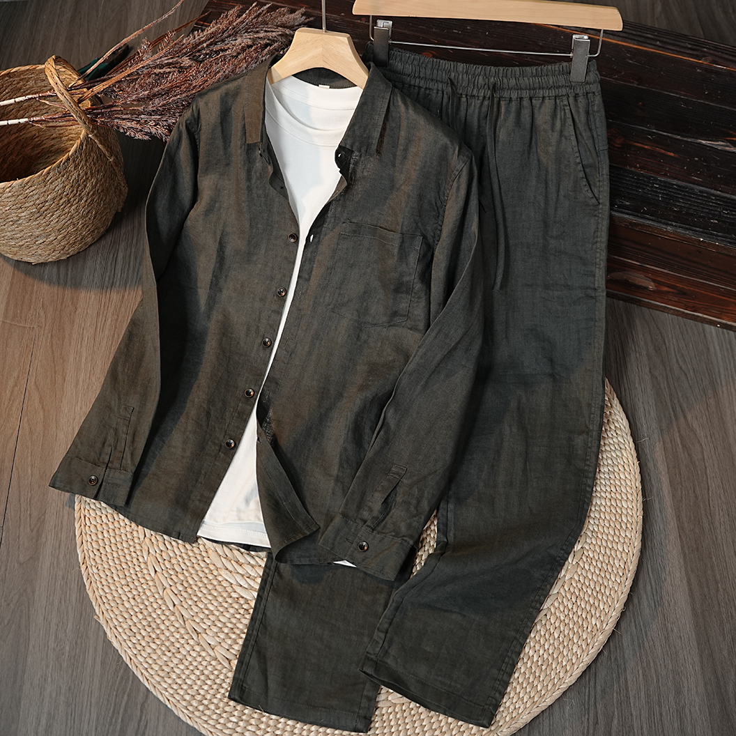 高档纯亚麻翻领短袖衬衫宽松休闲直筒裤100%全麻布料百搭套装