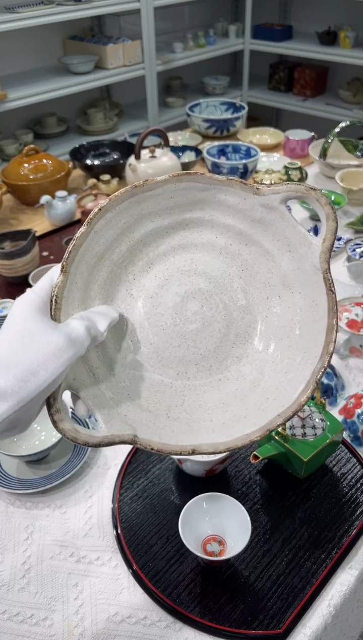 瓷片孤品渕茶粉引 双耳钵