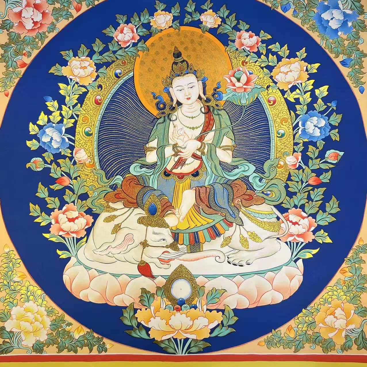 蓝金带彩尼泊尔喇嘛纯手绘普贤菩萨唐卡尺寸50*53矿料家庭装饰