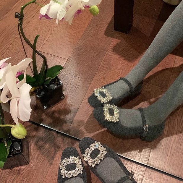 葡萄妈studiolee 绒里一字带保暖毛呢粗跟玛丽珍单鞋女