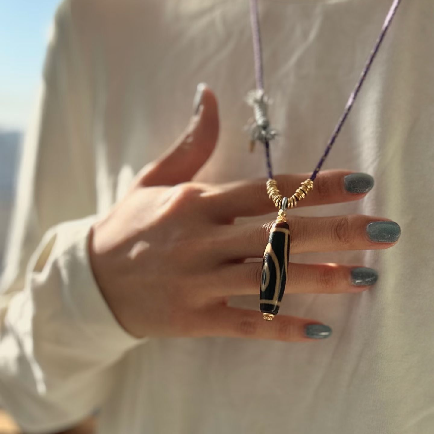 YUANMMAN/满圆满玛瑙天珠 二眼靠山图腾 银穗盘缠项链