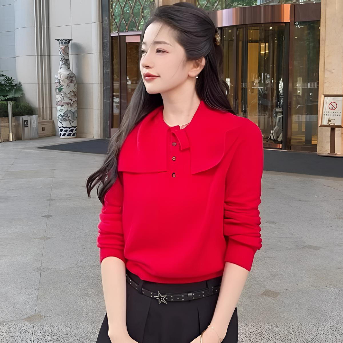 GIRDEAR/哥弟时尚新款山羊绒休闲百搭简约针织翻领毛衣女1399746