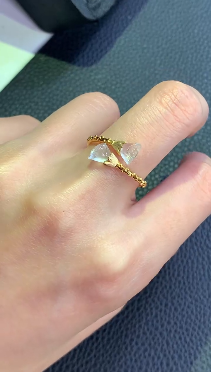 翡翠18K金镶嵌戒指双莲蓬戒指