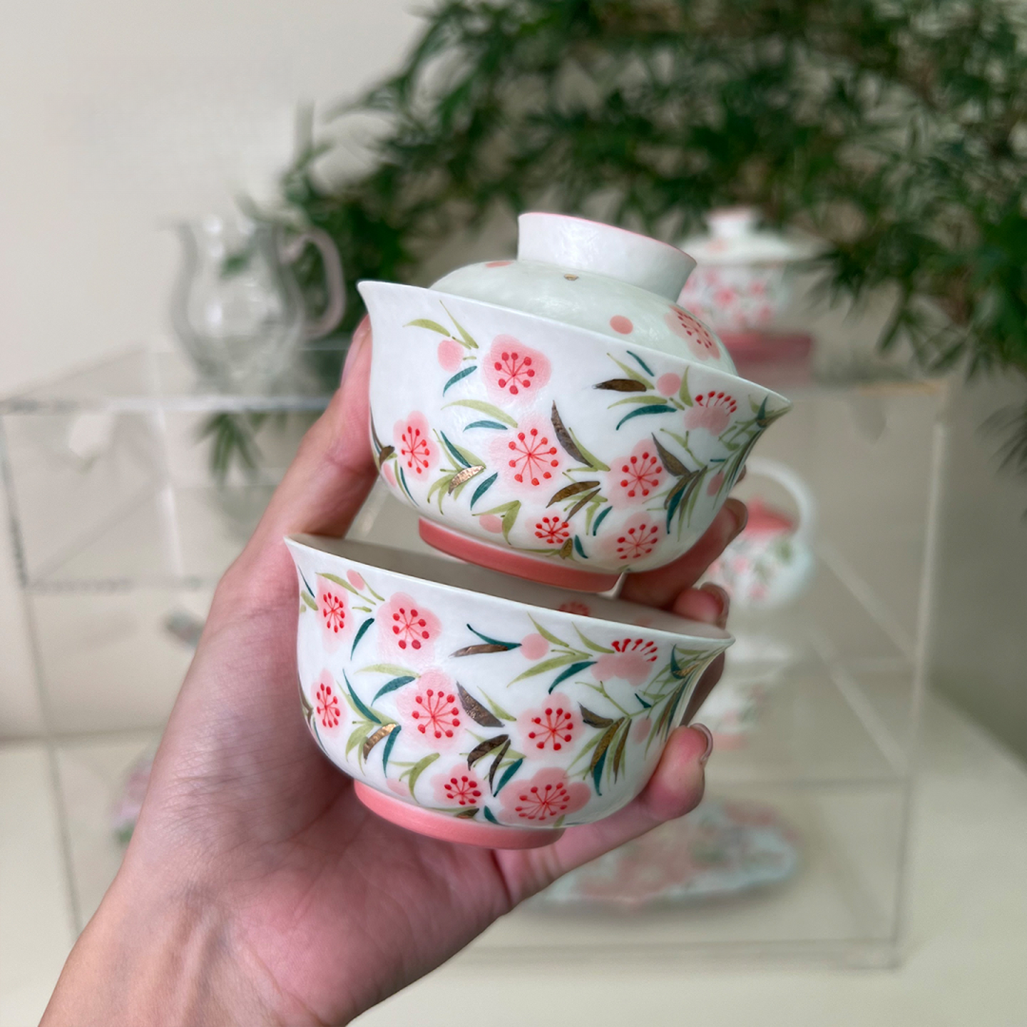 宜物宜心原矿白泥手绘桃枝夭夭系列盖碗套组新中式国风泡茶器