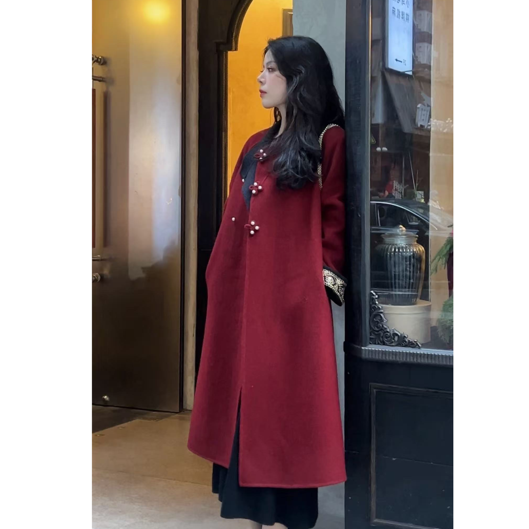 小个子定制羊毛新中式两穿双面呢大衣女冬装羊绒毛呢红色气质