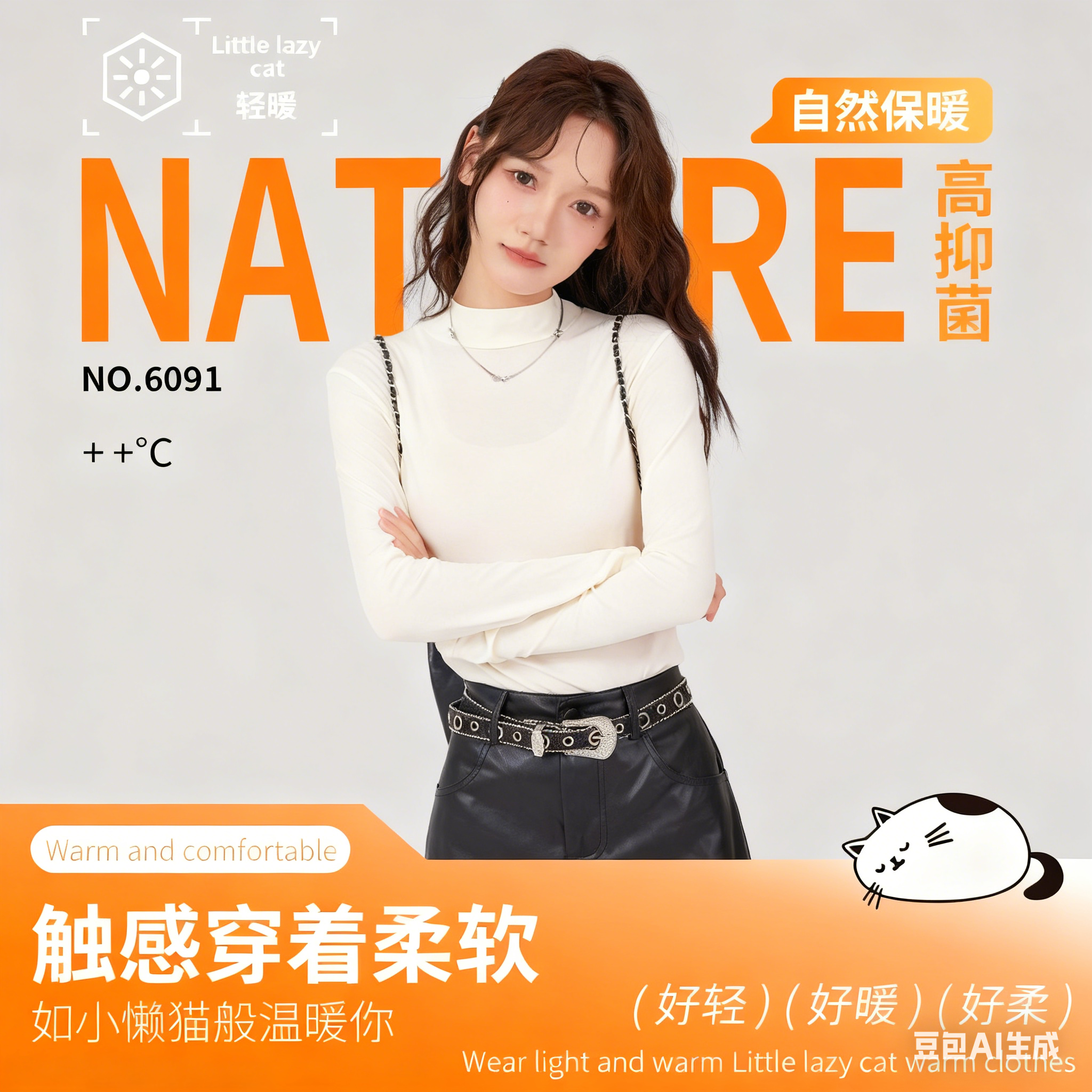 梵洛薇小懒猫轻暖衣自然保暖高触感柔软秋冬打底长袖上衣