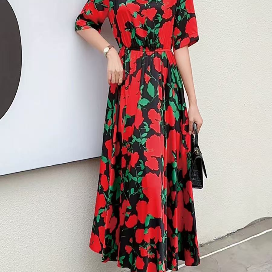 K520高弹力女装连衣裙系带吸汗V领中腰妈妈装高女士