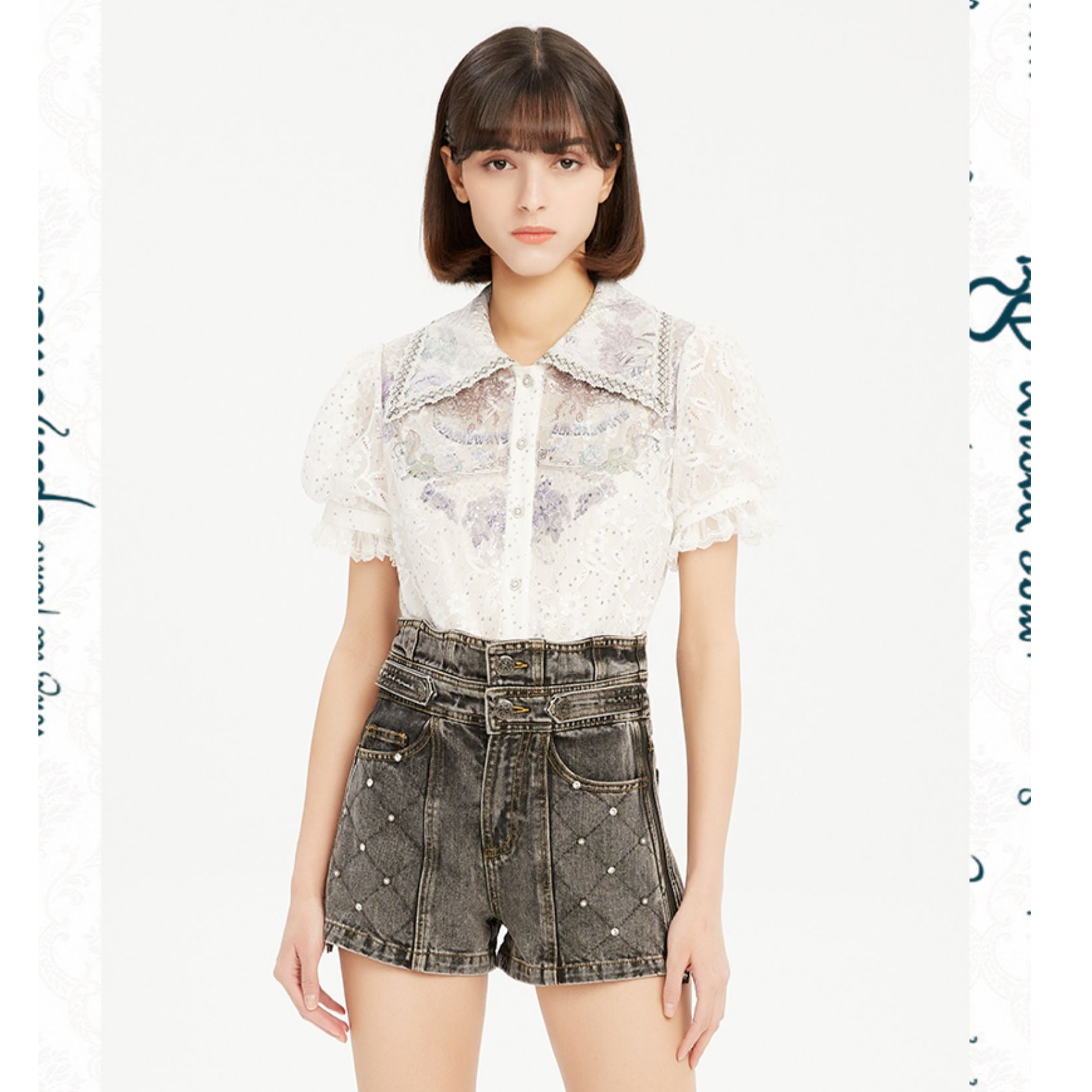 【小呆鸟专属】LULUALWAYS新款摩登复古风休闲水洗牛仔裤镶钻短裤