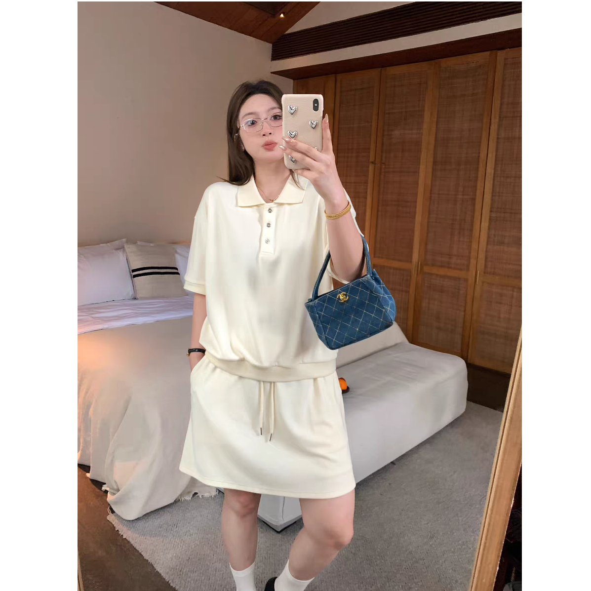 【NAZ微胖大码定制】人棉混纺弹力舒适休闲风pool领上衣短半裙