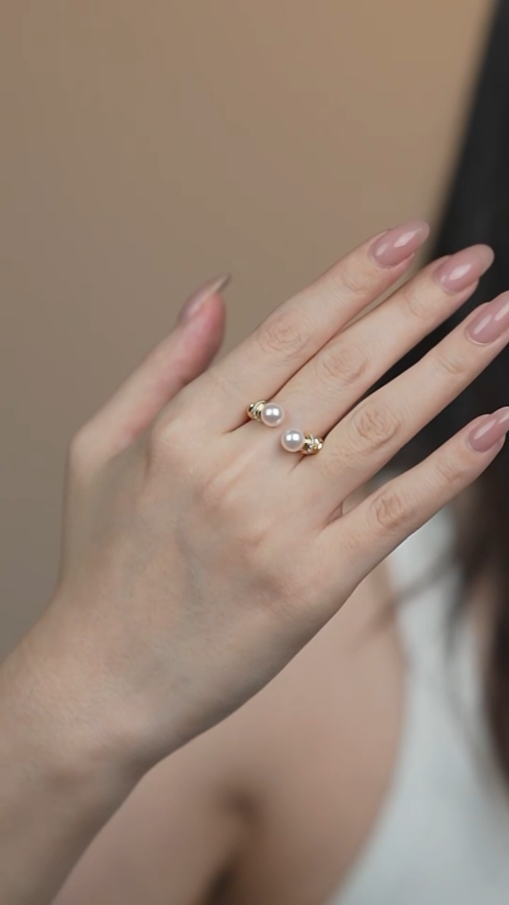 海水珍珠戒指银S925镶嵌6-7akoya双珠戒指