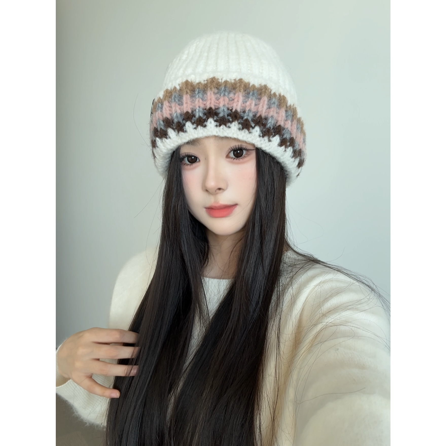 秋冬无檐冬季帽子拼色保暖针织帽编织女士时尚韩版时尚简约氛围感