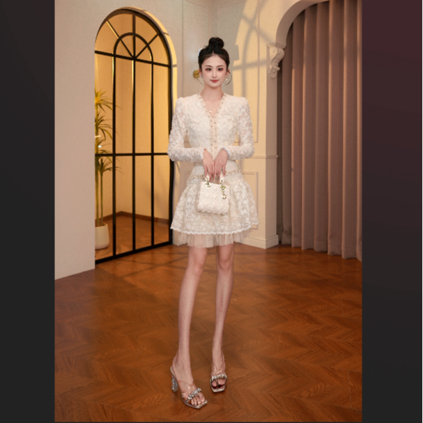 【显瘦定制】设计师秋季新款长袖千金风连衣裙白色轻奢蕾丝45362