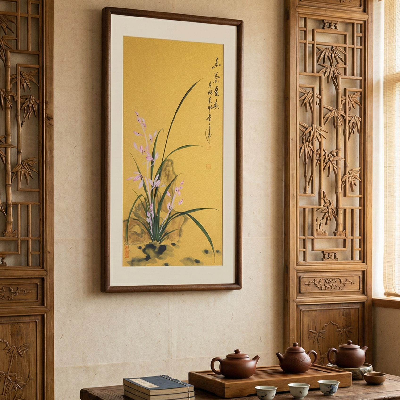 泥金底兰花金世坤老师手绘国画卧室挂画手绘同款36cm*69cm尺寸