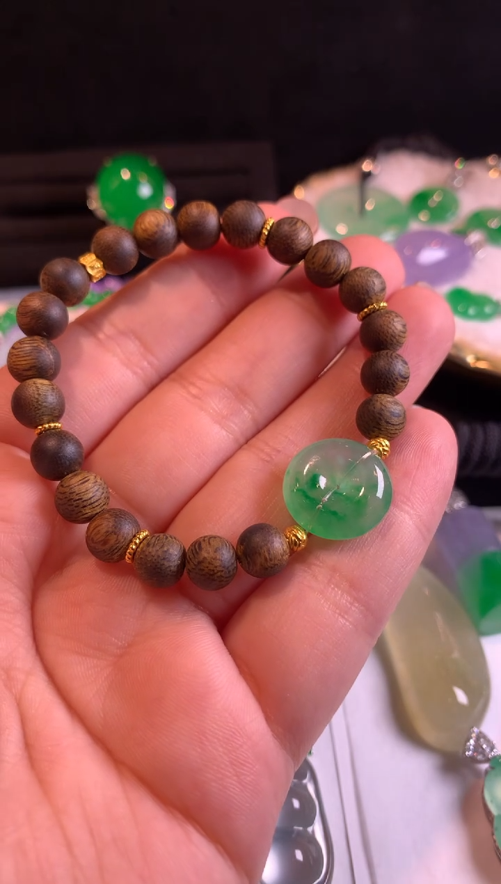 足金镶嵌手链翡翠憨***座平安扣手串