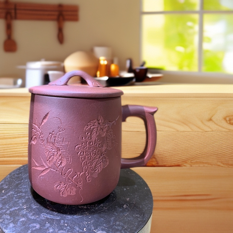 茶杯对杯家用泡茶杯带盖陶瓷泡主人杯茶杯大容量刻字红泥精美茶具
