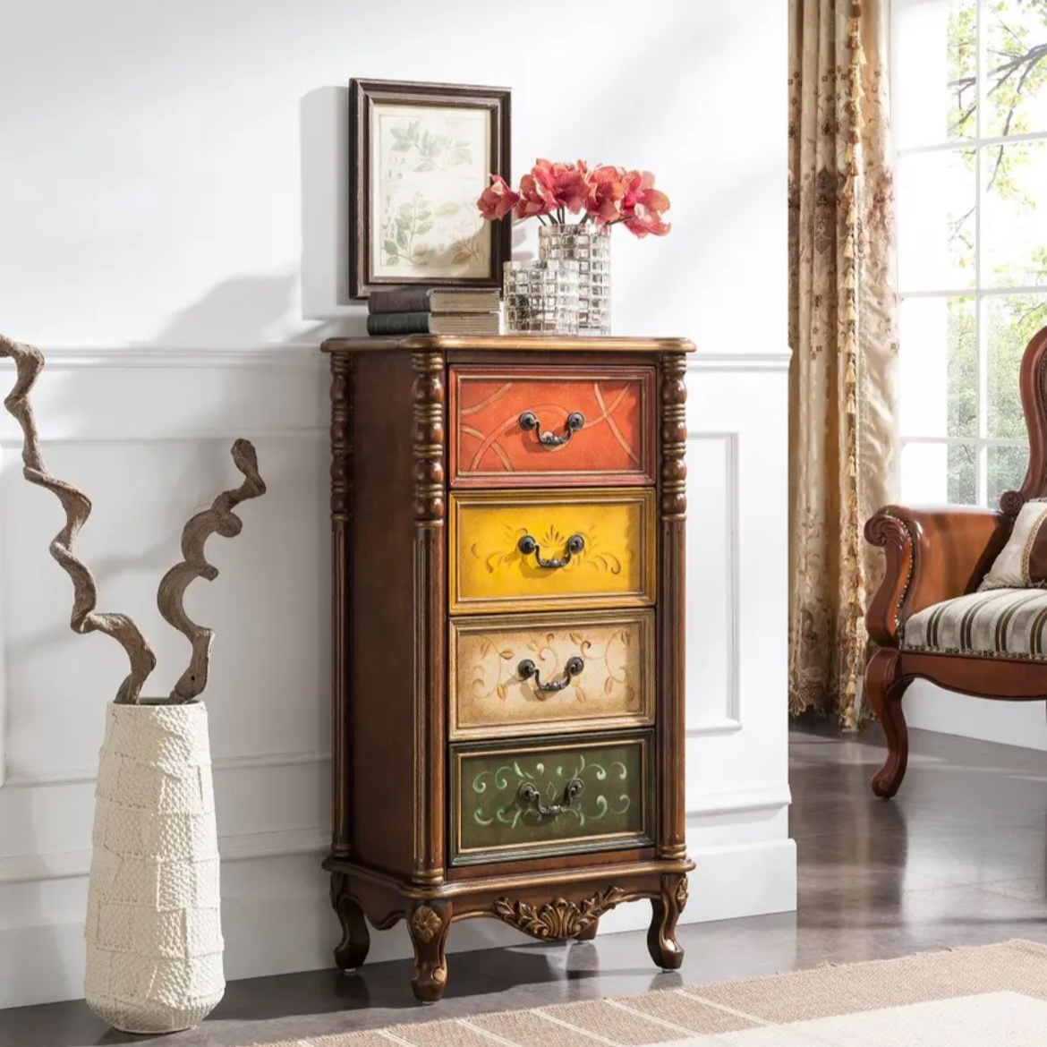 美式艺术储藏多功能手绘图案斗柜客厅卧室储物柜实木多抽屉斗柜
