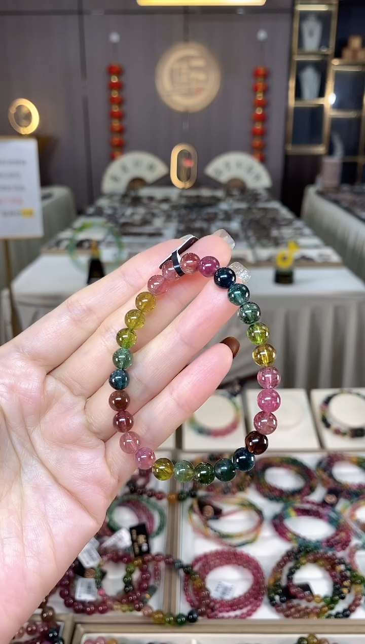 未镶嵌老矿碧玺色标彩虹单圈手串6mm+碧玺A****️dan一物一证
