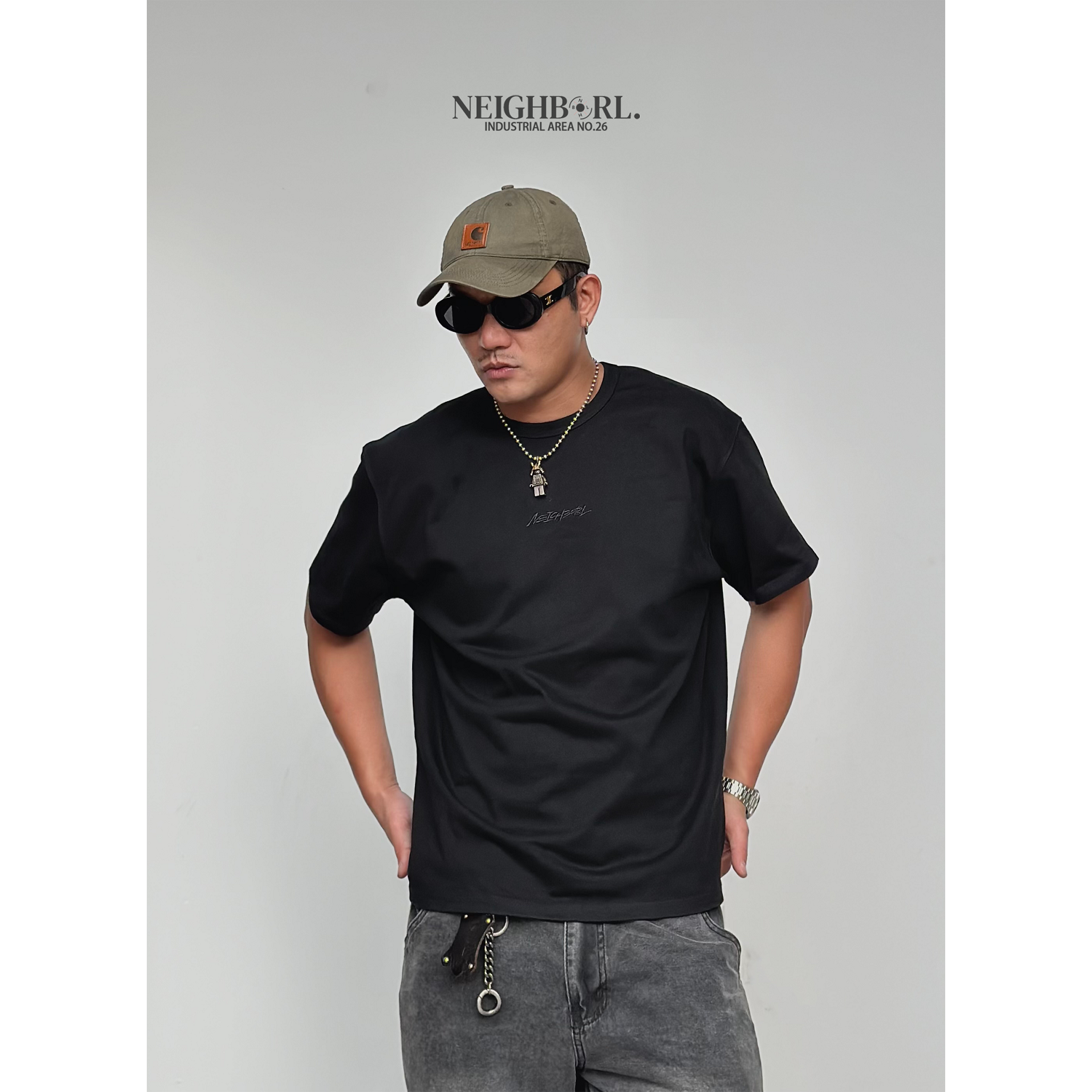 【篮筐】NEIGHBORL钊叔制夏季日系复古纯色刺绣潮流情侣短袖T恤