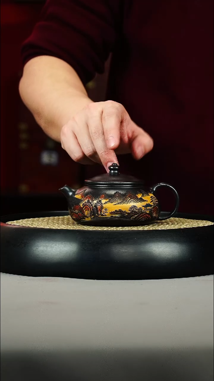 茶壶紫砂石黄 寒江 彩刻 山水