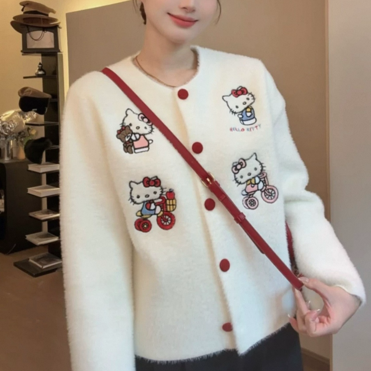 NICE圈圈/KT刺绣环保水貂毛减龄甜美风毛衣开衫A5230