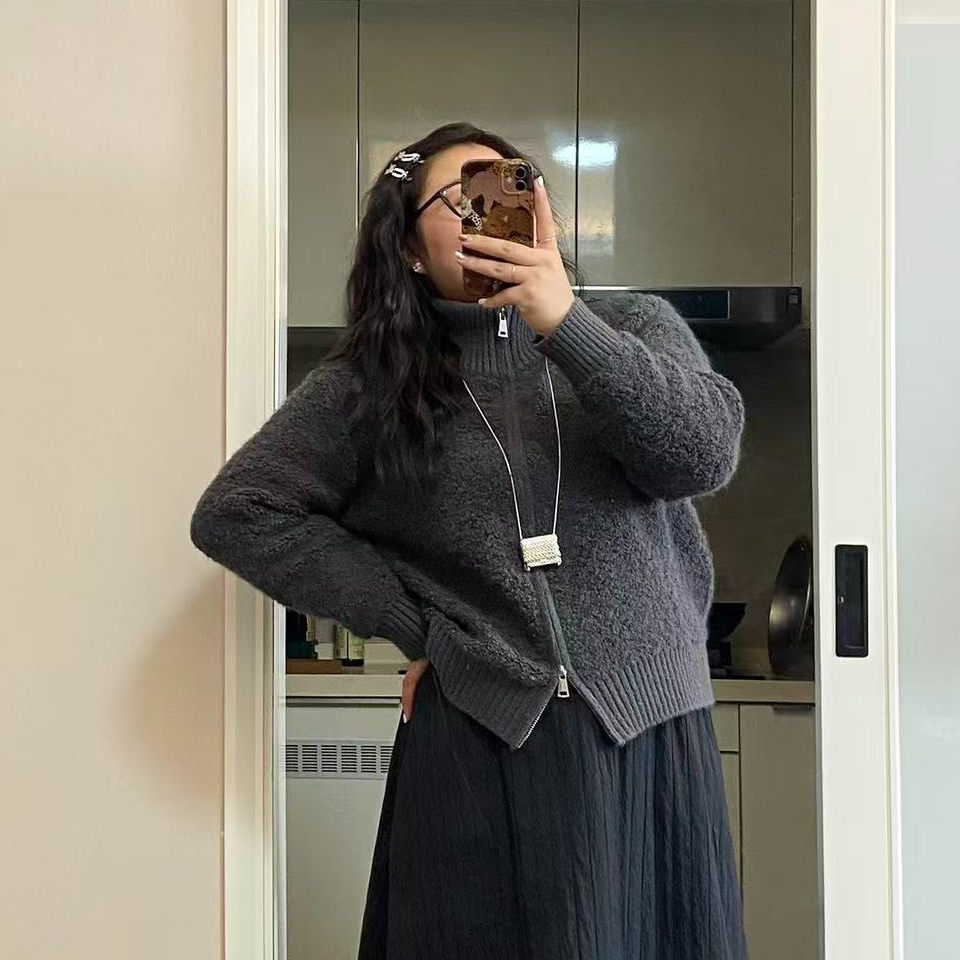 慵懒风针织拉链毛衣外套开衫