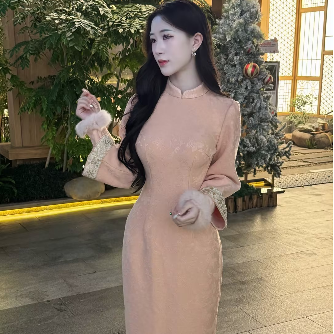 LHMknk1画报夫人原创自制旗袍厚款高级针织粉色旗袍 初见云粉加绒