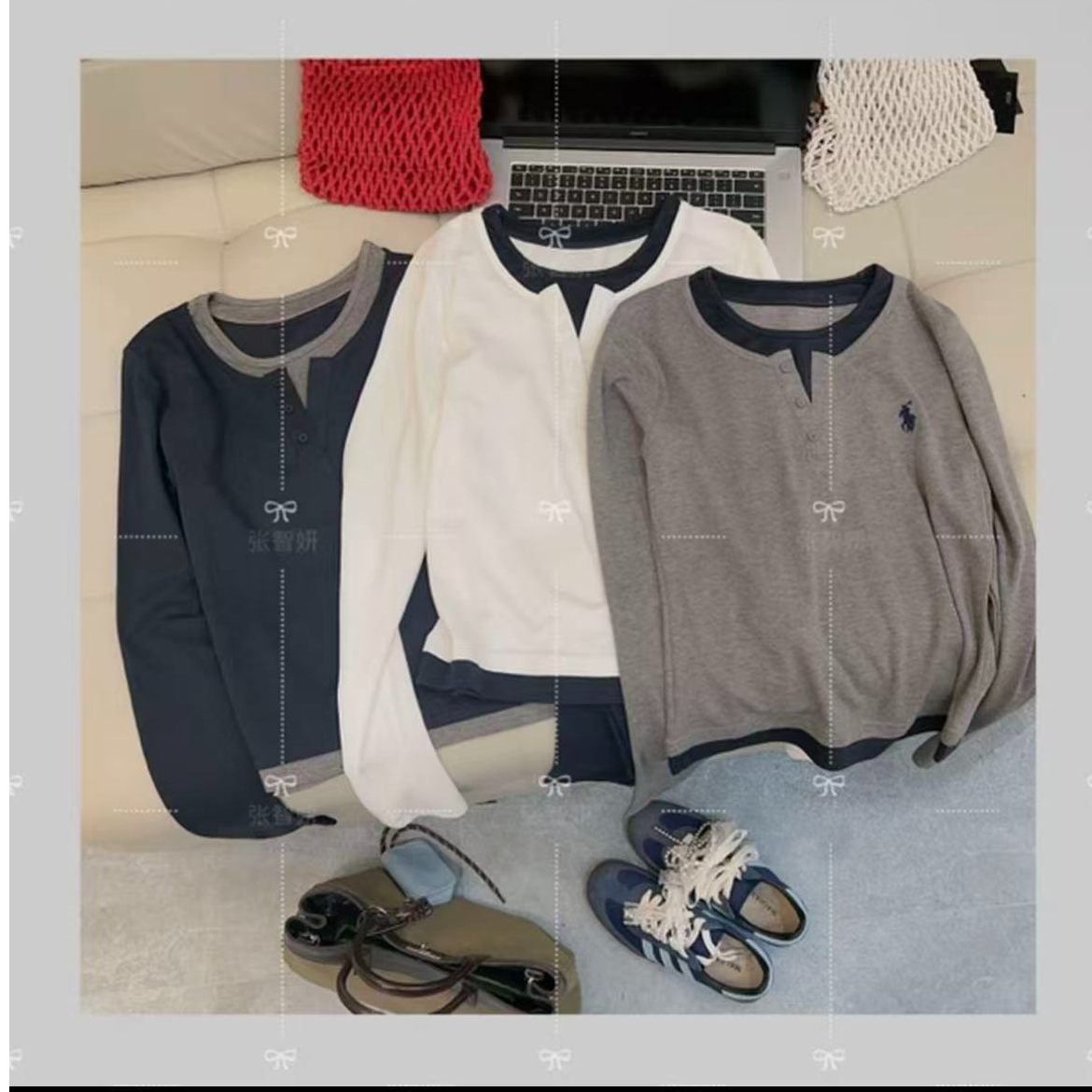 【拼色小马刺绣】设计感小众内力撞色拼接假两件长袖T恤秋季上衣