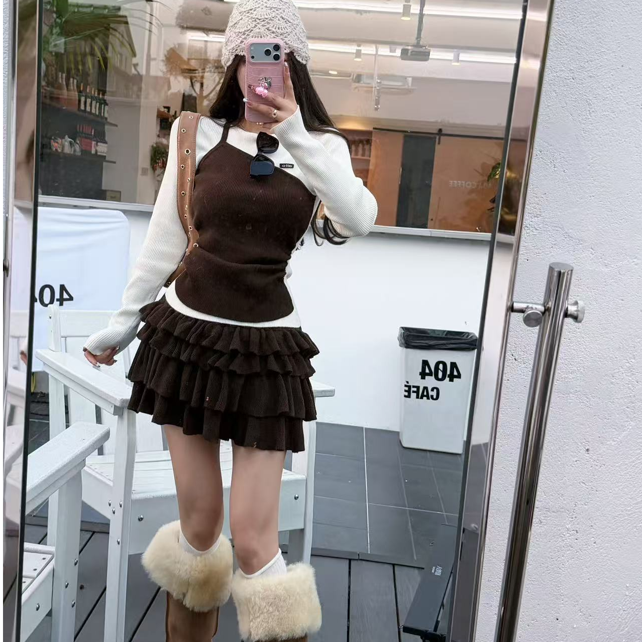 【YKL】枯蝶手账2 咖白撞色上衣咖色百褶针织蛋糕半裙