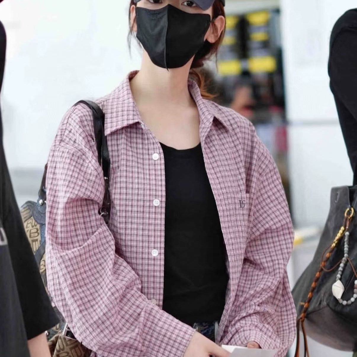 东大门韩版韩代oversize版前短后长宽松慵懒随性粉色格子衬衫