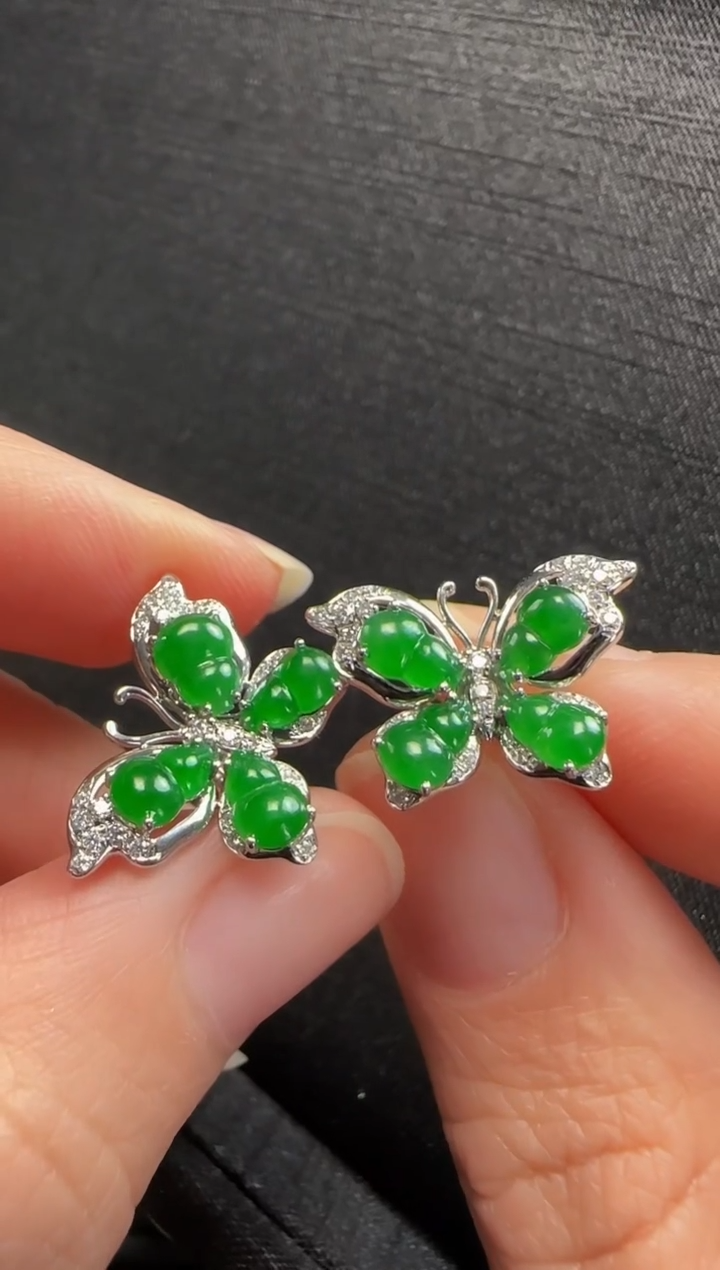 【闪购商品】翡翠耳环18K金镶嵌538蝴蝶一对