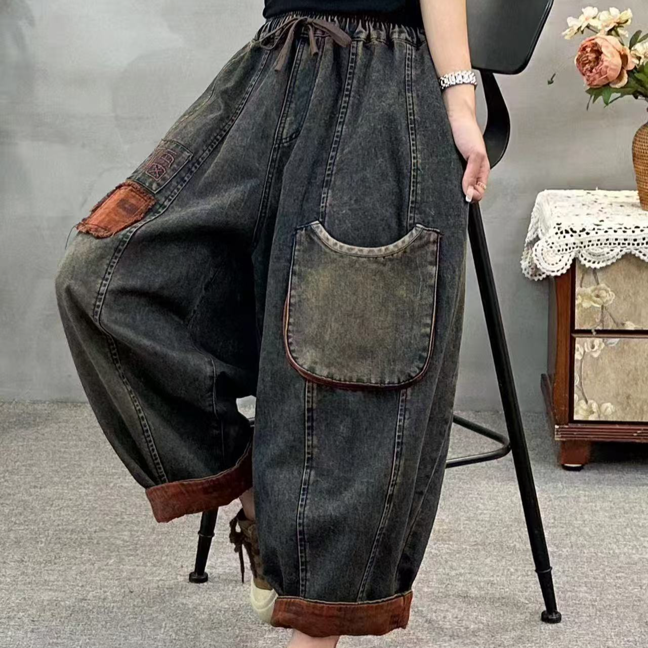 【依然美】月牙口袋贴布刺绣福升级炒色休闲时尚个性牛仔南瓜裤