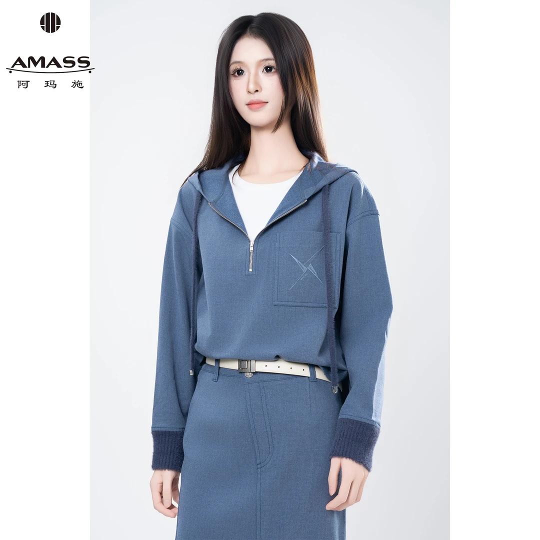 AMASS/阿玛施早秋新款休闲丹宁风设计感连帽百搭时尚卫衣女530098