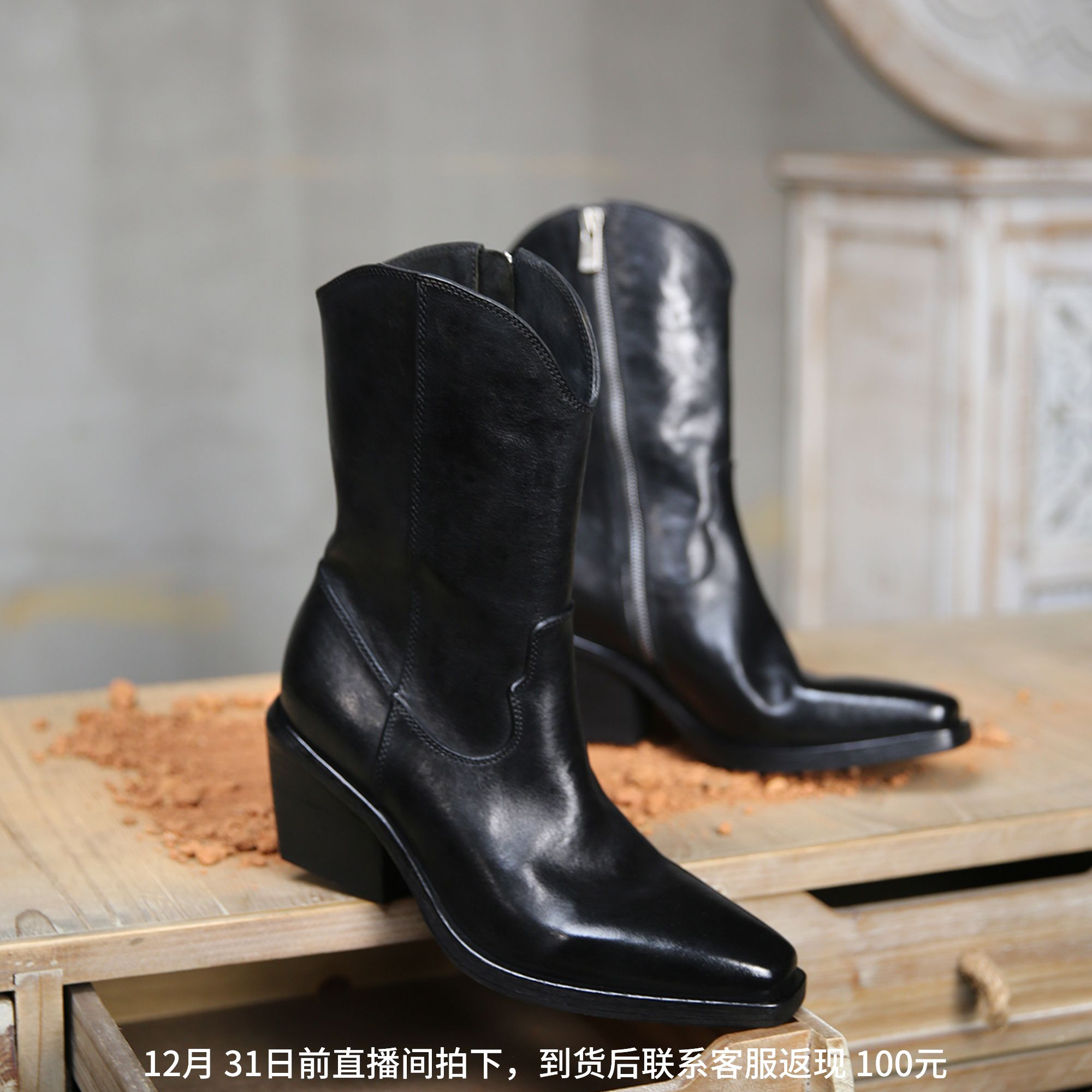 mantova全新升级！马皮水洗骑士靴时尚尖头高跟中筒靴马皮牛仔靴