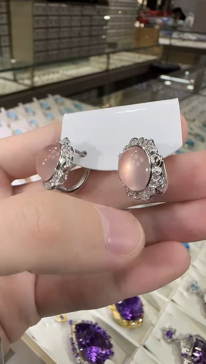 银S925镶嵌耳饰芙蓉石星光粉水晶10*12mm耳扣款