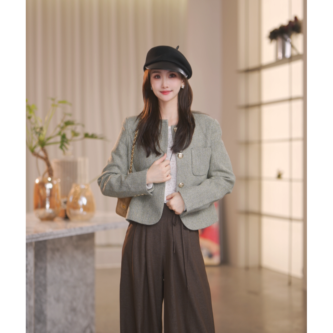 【Shaw Eleven】2025年秋女装新款法式绿色圆领羊毛小香外套26373